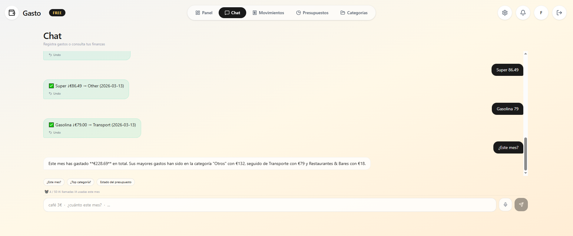 Registra gastos con chat o voz — clasificación automática con IA