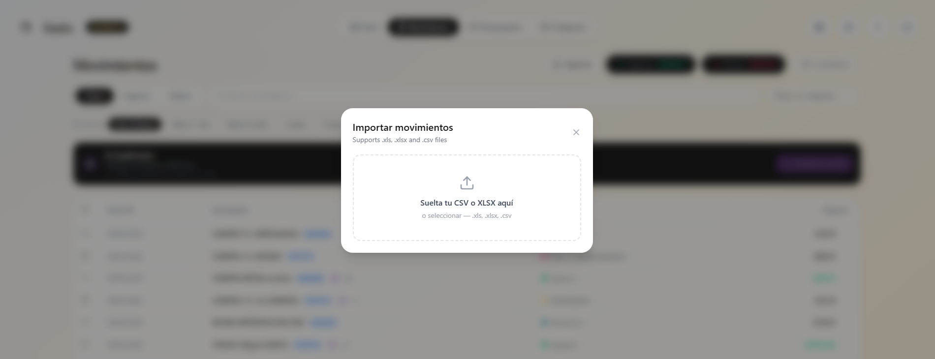 Importa transacciones desde Excel o CSV
