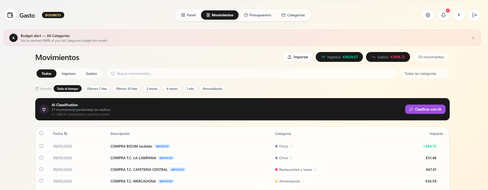 Movimientos con clasificación automática por IA