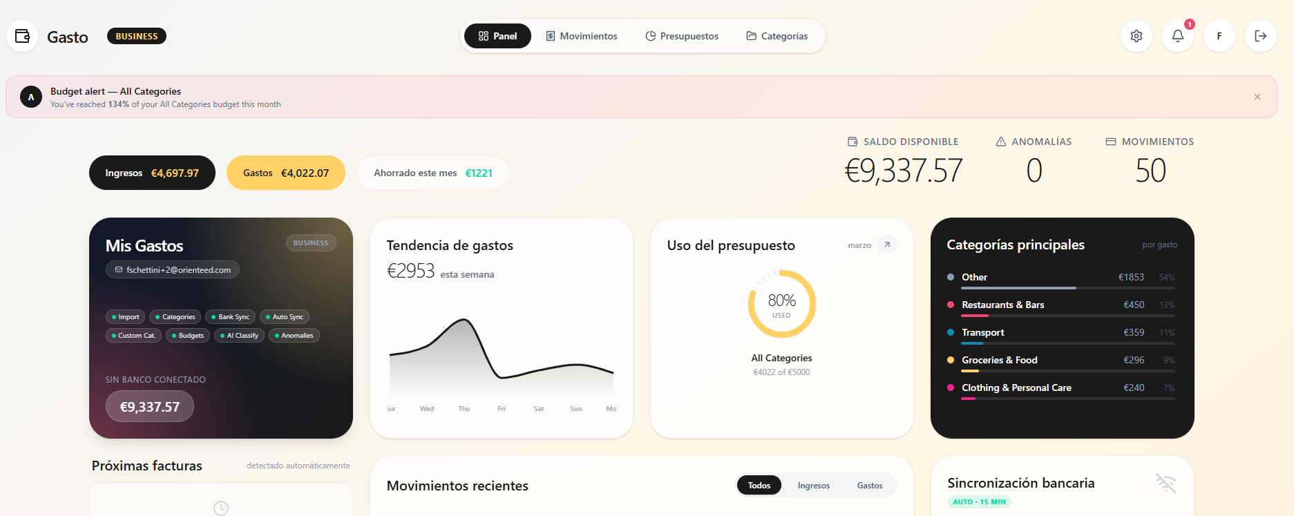 Panel principal — visión general de tus finanzas